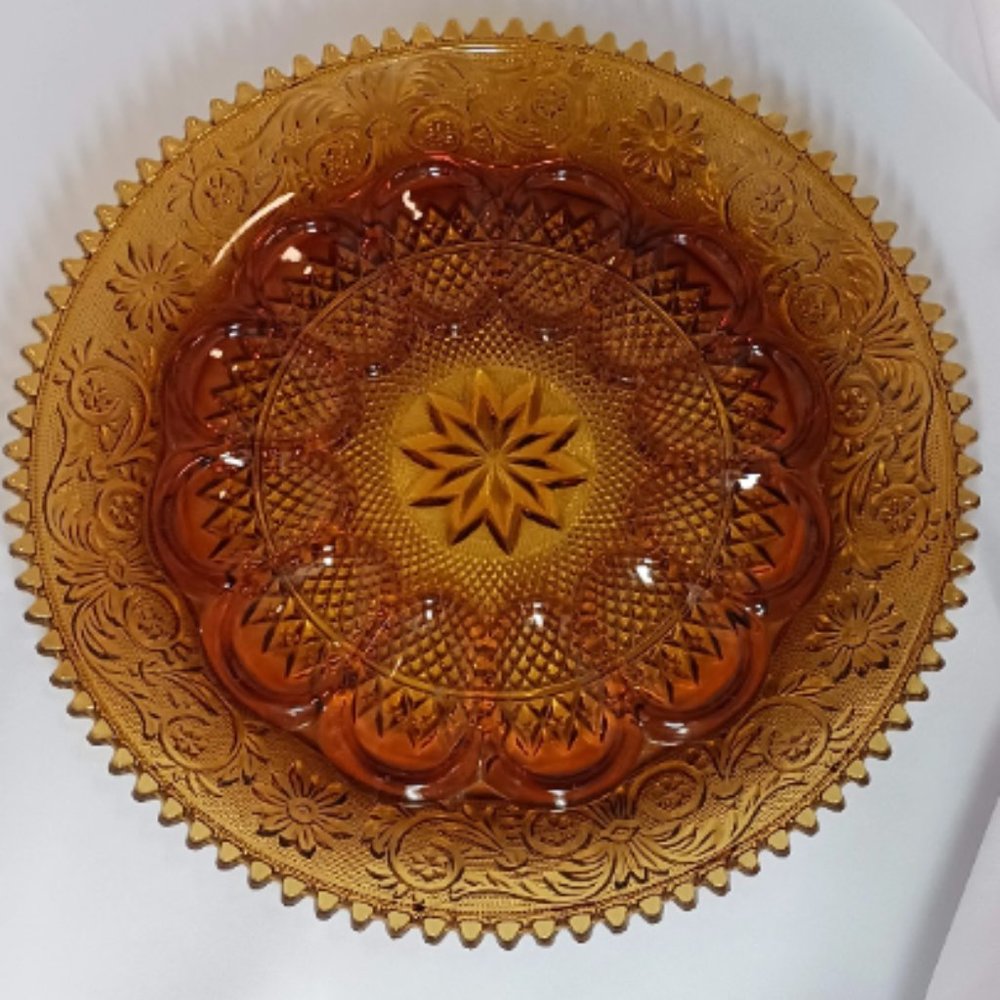 Amber colored deviled egg plate 12 in. Duncan and Miller Glass Co.